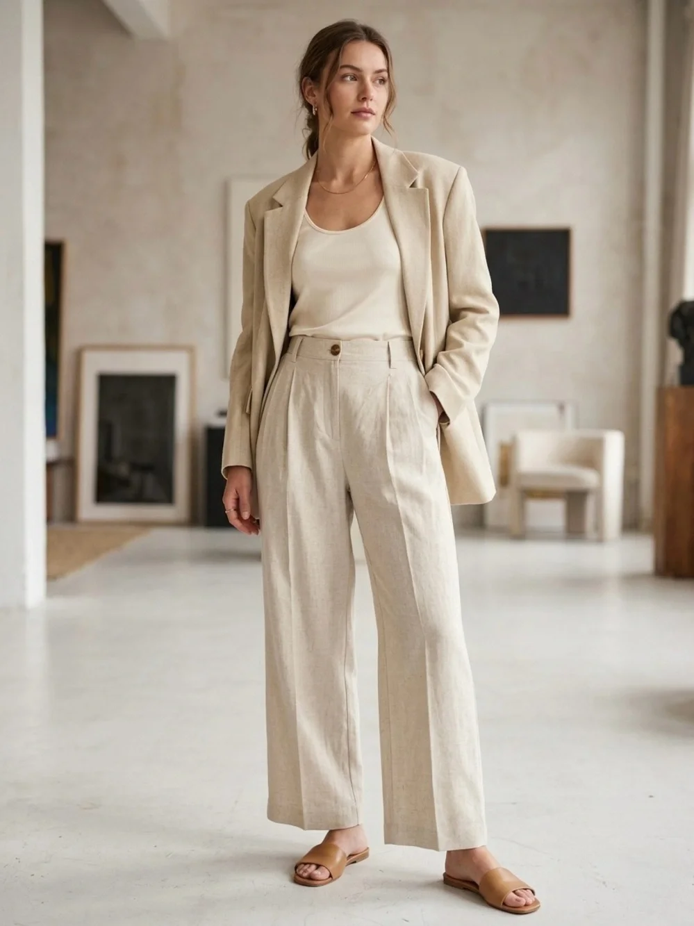 Banana Republic Wide-Leg High-Waist Linen Blend Pants trousers in Flax size 12